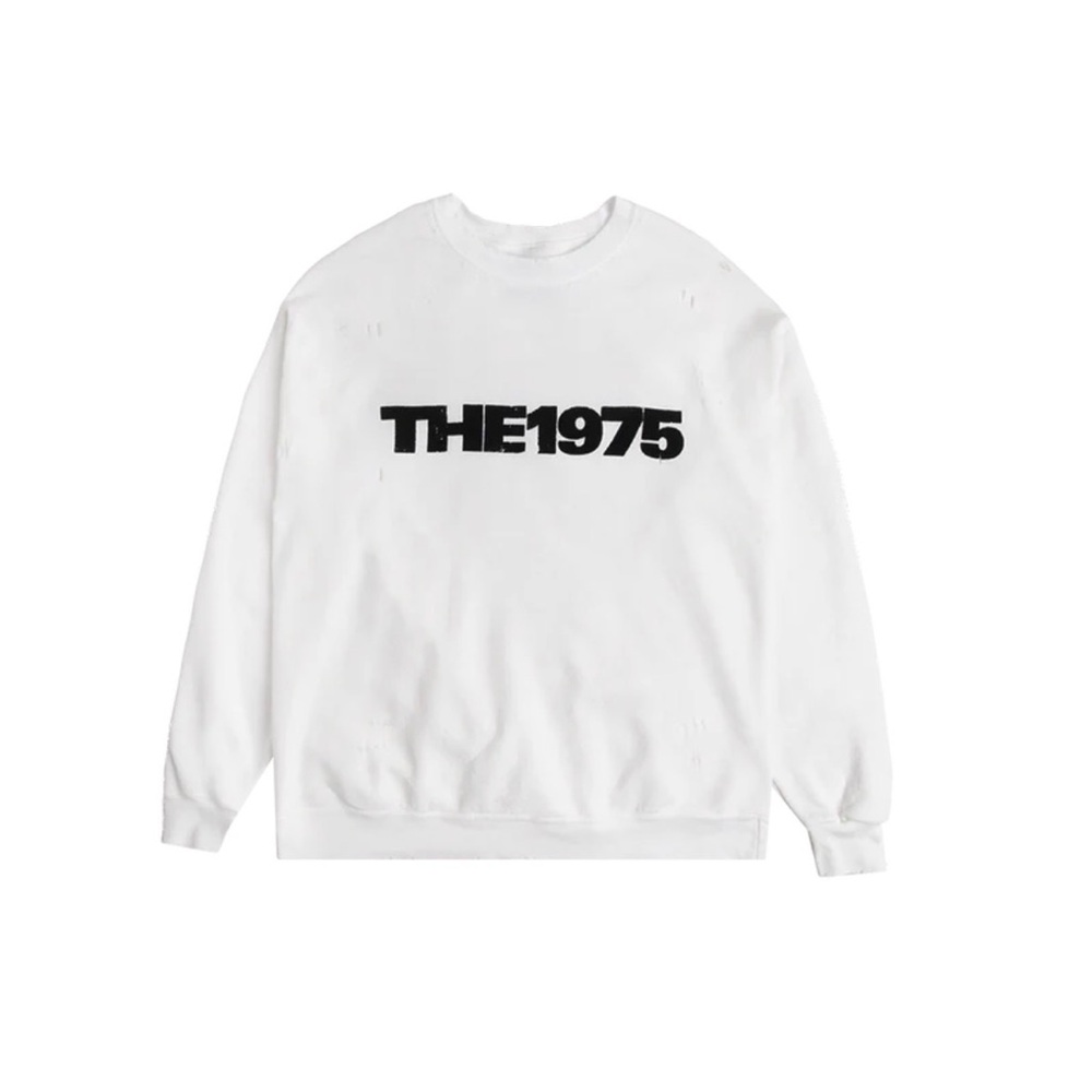 The 1975 Logo Distressed White Crewneck